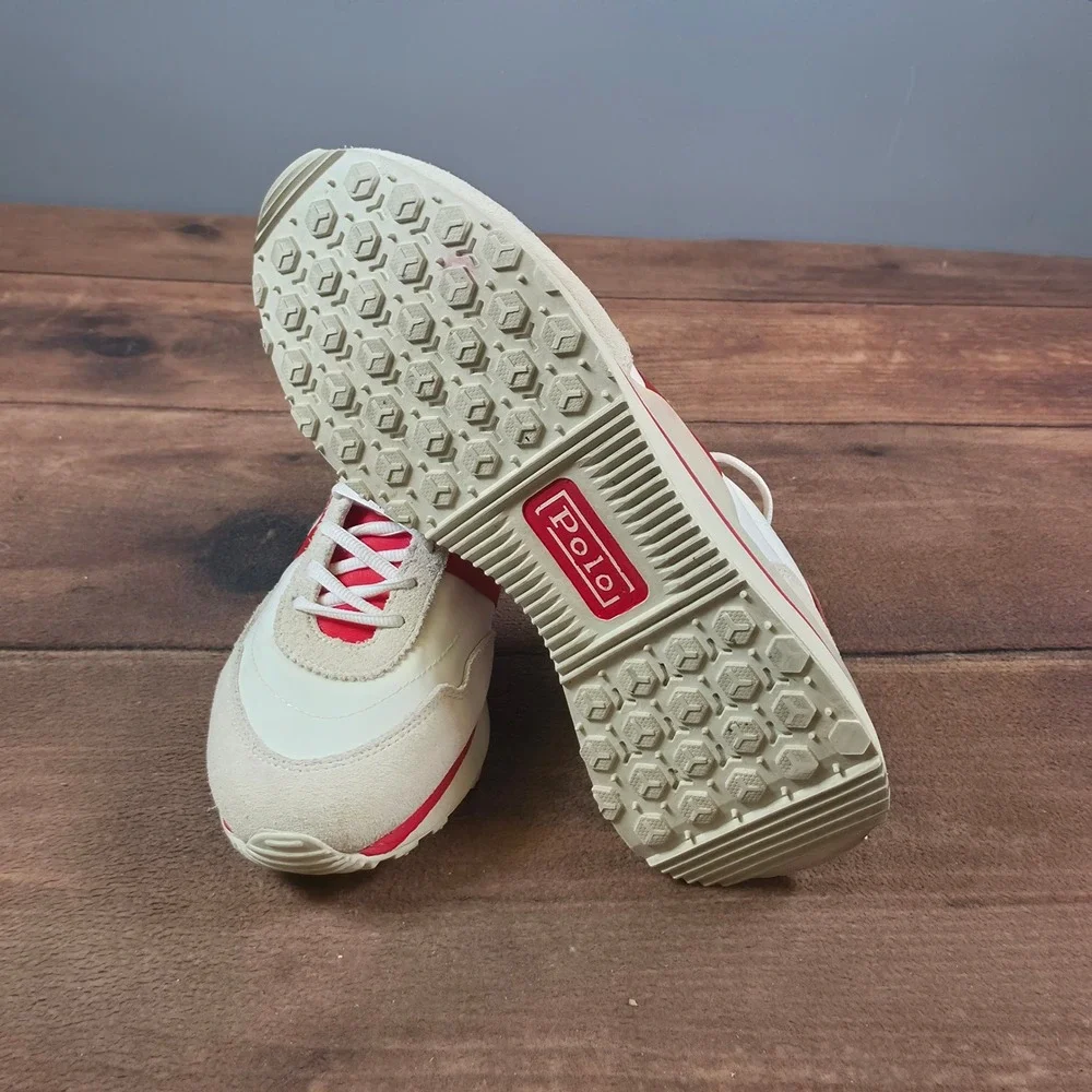 Polo Ralph Lauren Train 89 Sneakers Mens 8 White Red Good Retro Leather Mesh